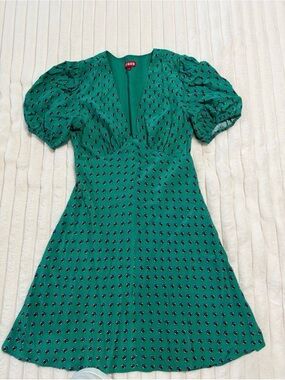 STAUD Emerald Green V-Neck Puff-Sleeve Mini Dress